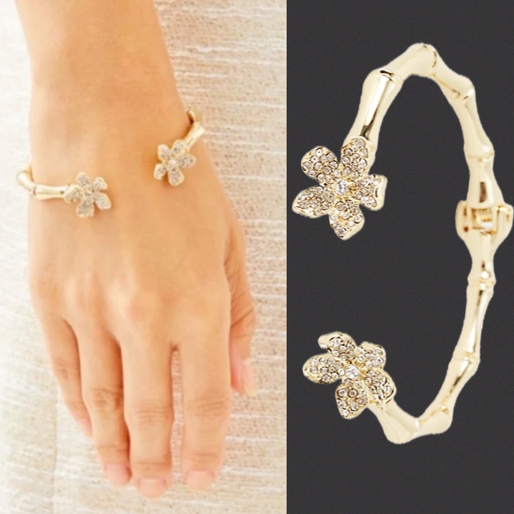Lilly Pulitzer Bracelet “Beach Club Blooms” GOLD CRYSTAL FLOWER⭐️NWT Hinge Cuff - Picture 5 of 16